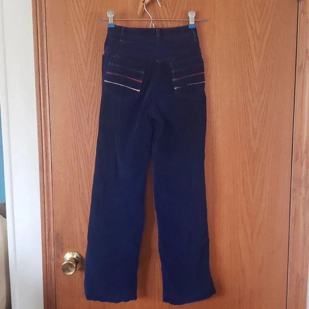 Vintage 1980s Bright Blue Corduroy Jeans w/ Color Stripes on Back Pockets Sz 10